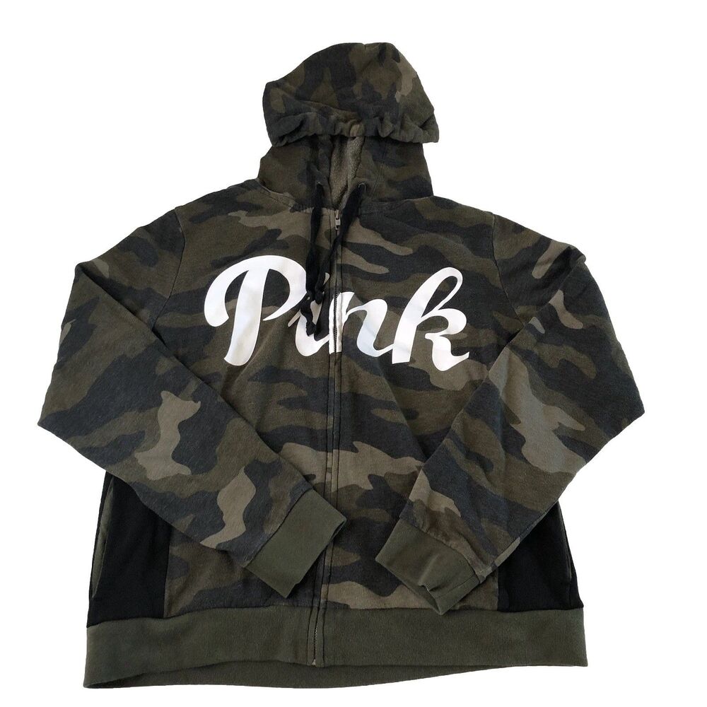 Pink Victoria’s Secret Cano full zip hoodie camouflage jacket pockets Large